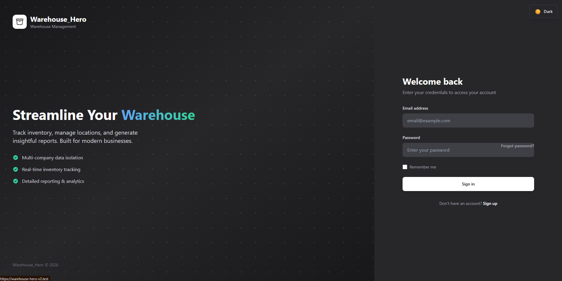 Warehouse Hero WMS Dashboard Interface